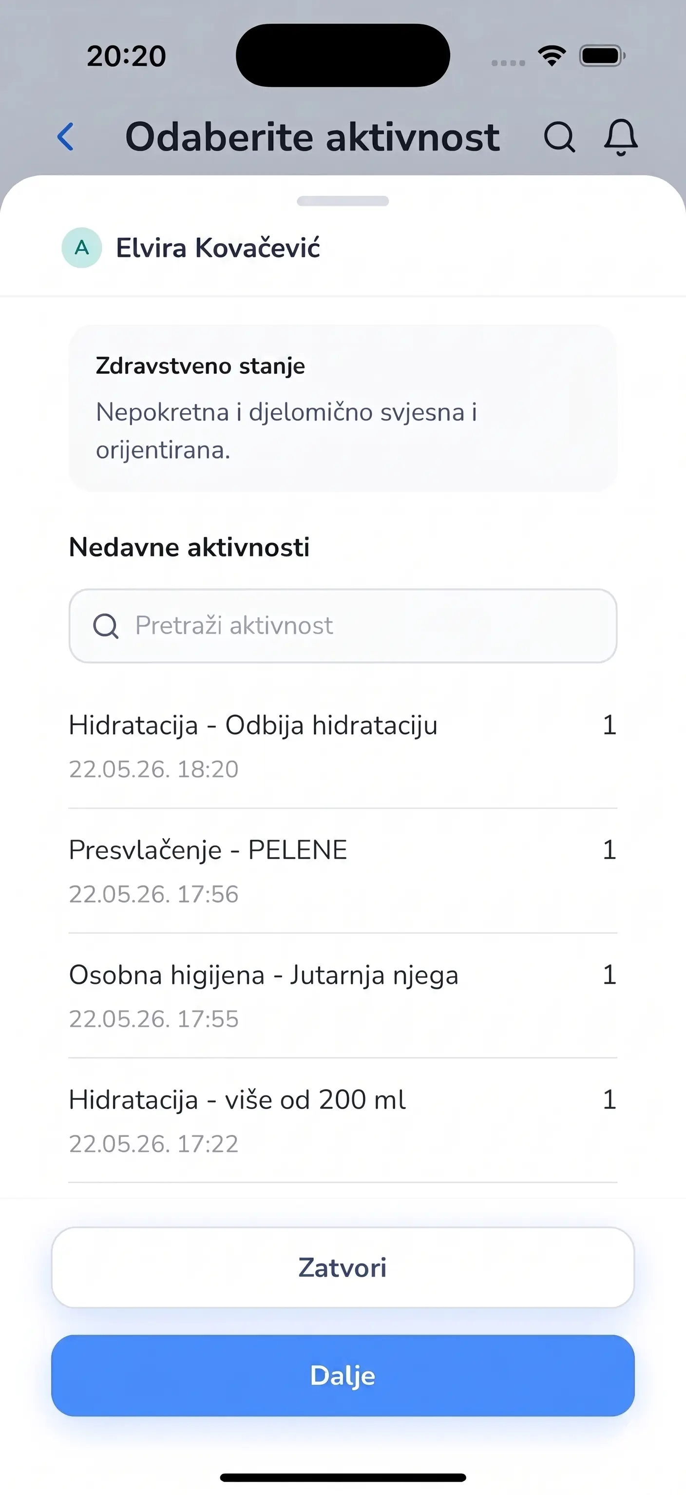 Domar mobilna aplikacija — odabir aktivnosti za korisnika doma za starije